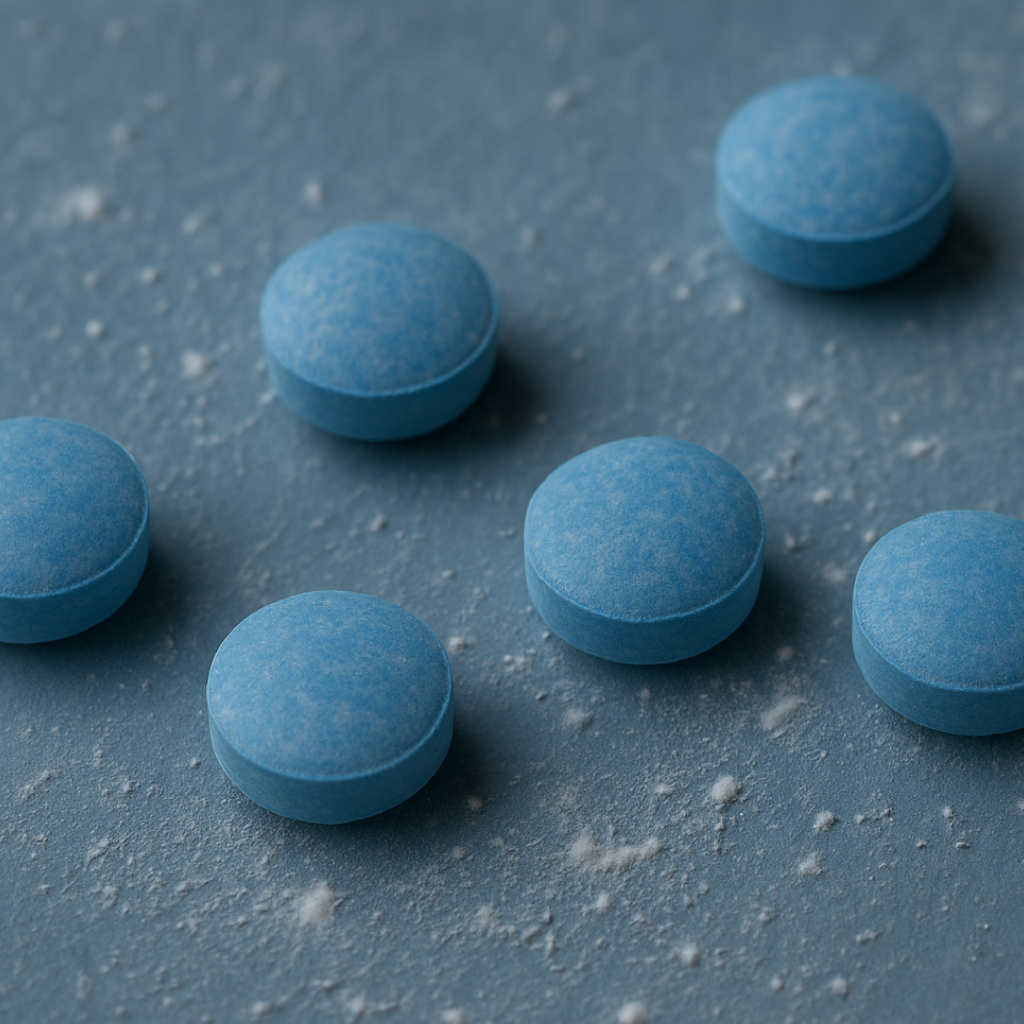 Six full or partial blue fentanyl tablets on a slightly darker blue surface